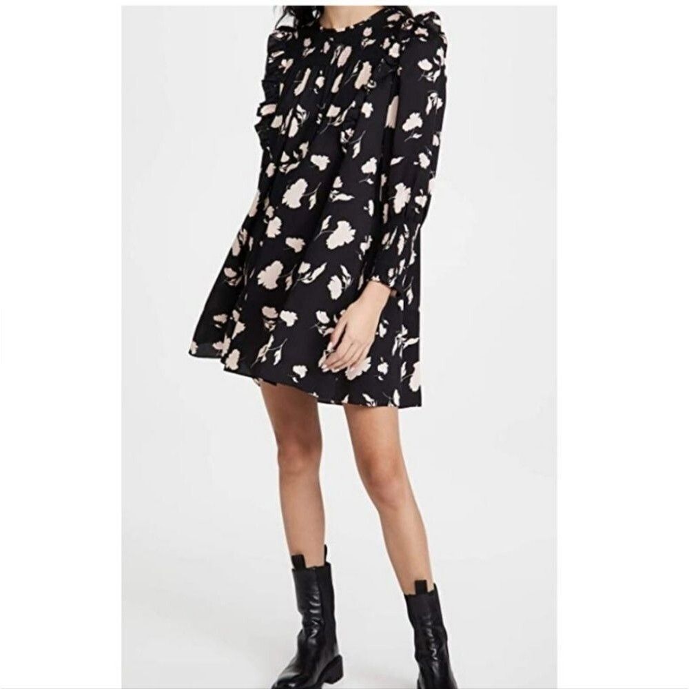 JOIE Jamila Pink Floral Long Puff Sleeve Black Mini Shift Dress Size Small